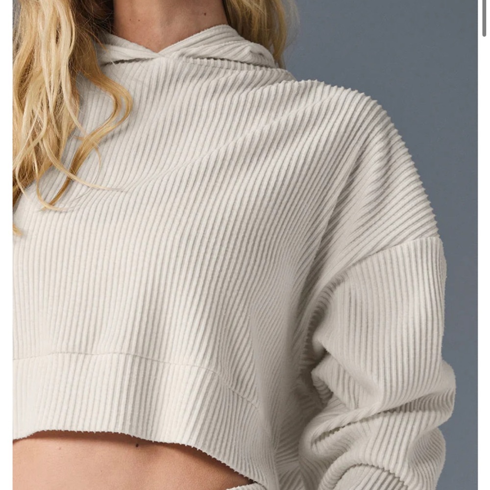 Alo Cream Ribbed Cropped Hoodie